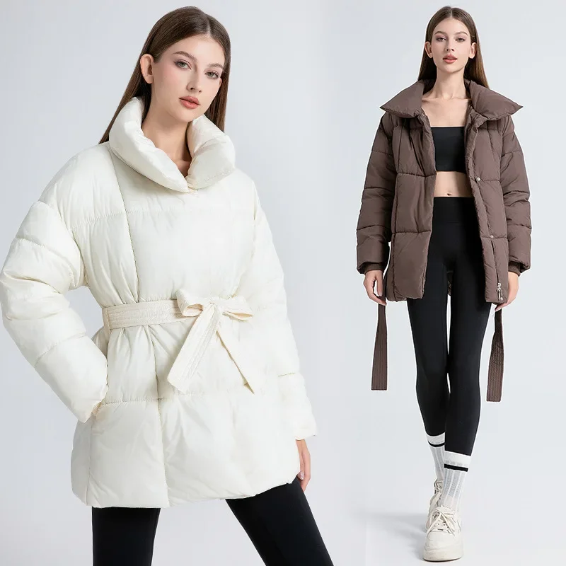 2025 nouveau hiver vers le bas coton manteau femmes chaud col montant ceinture coton veste dames tempérament élégant Parkas femmes manteaux