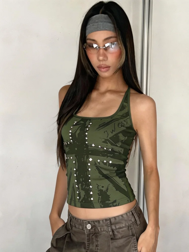 2026 Sommer Damen Punk Rave Festival Distressed Graffiti Print Metall-Stern-Nieten Quadratischer Ausschnitt Racerback Bodycon Crop Tank Top – Detail 4