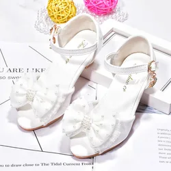 Sweet Lace Bowknot Children's Princess Shoes Girls Sandals Pearl Kids High Heels Pink White Student Performance Shoes Giày Utune