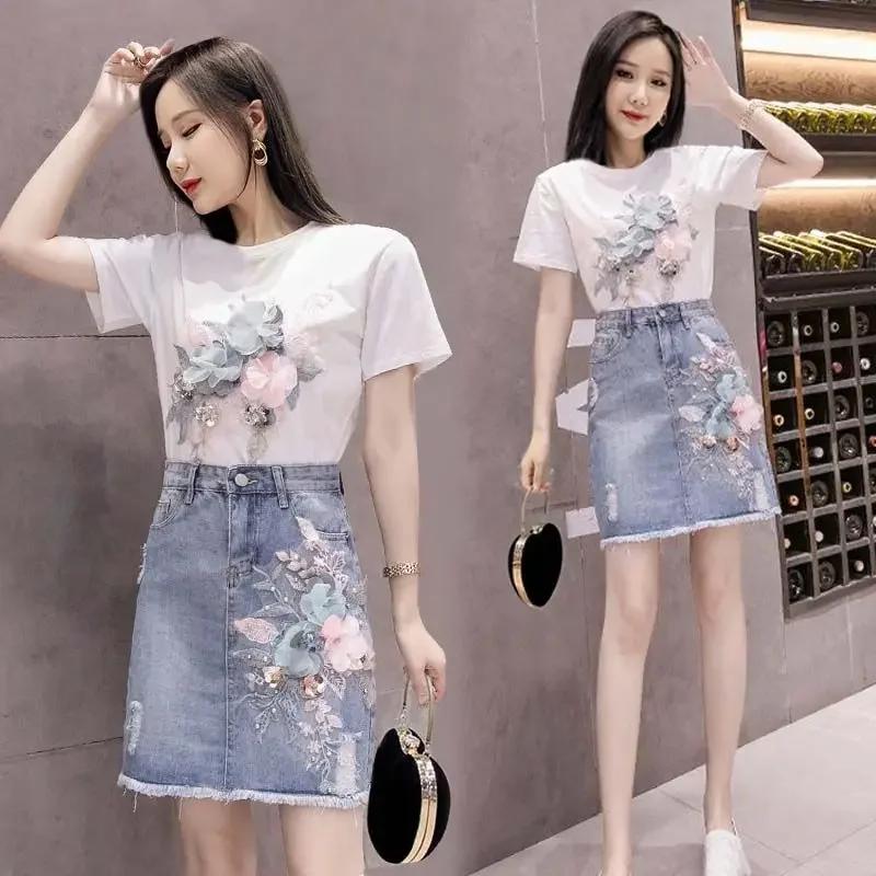 Women's Two Piece Set Commuting Short Mini Blue Lightly Cooked Party Kawaii Denim White Skirt Sequin Embroidered Female Outfits