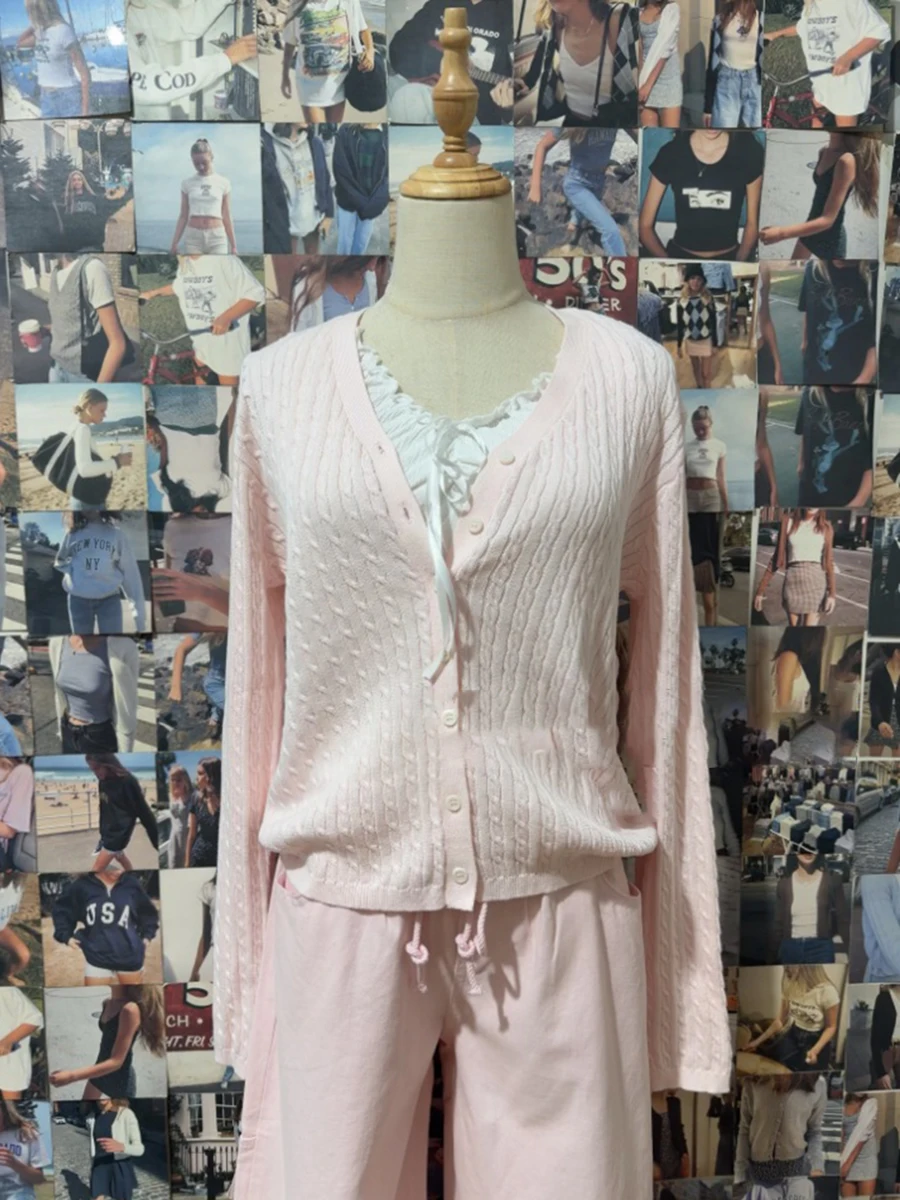 

Twist Flower Pink Sweater Cardigan Women V-neck Single Breasted Long Sleeve Slim Sweaters Autumn Preppy Style Cute Knitwear Tops