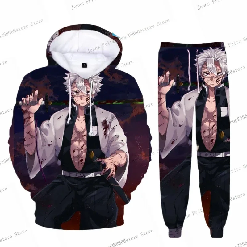 Anime Demon Slayer Hoodies 3Dการพิมพ์คอสเพลย์กางเกงHoodie 2PCSชุดTracksuitผู้ชายผู้หญิงOversize Streetwear Hoodieกางเกงชุด