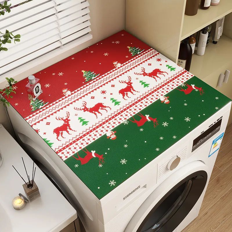 VIKAMA Patchwork Bear Snowman Washing Machine Top Mat Color Grid Winter Print Waterproof Anti Dust Cabinet Cover Pad