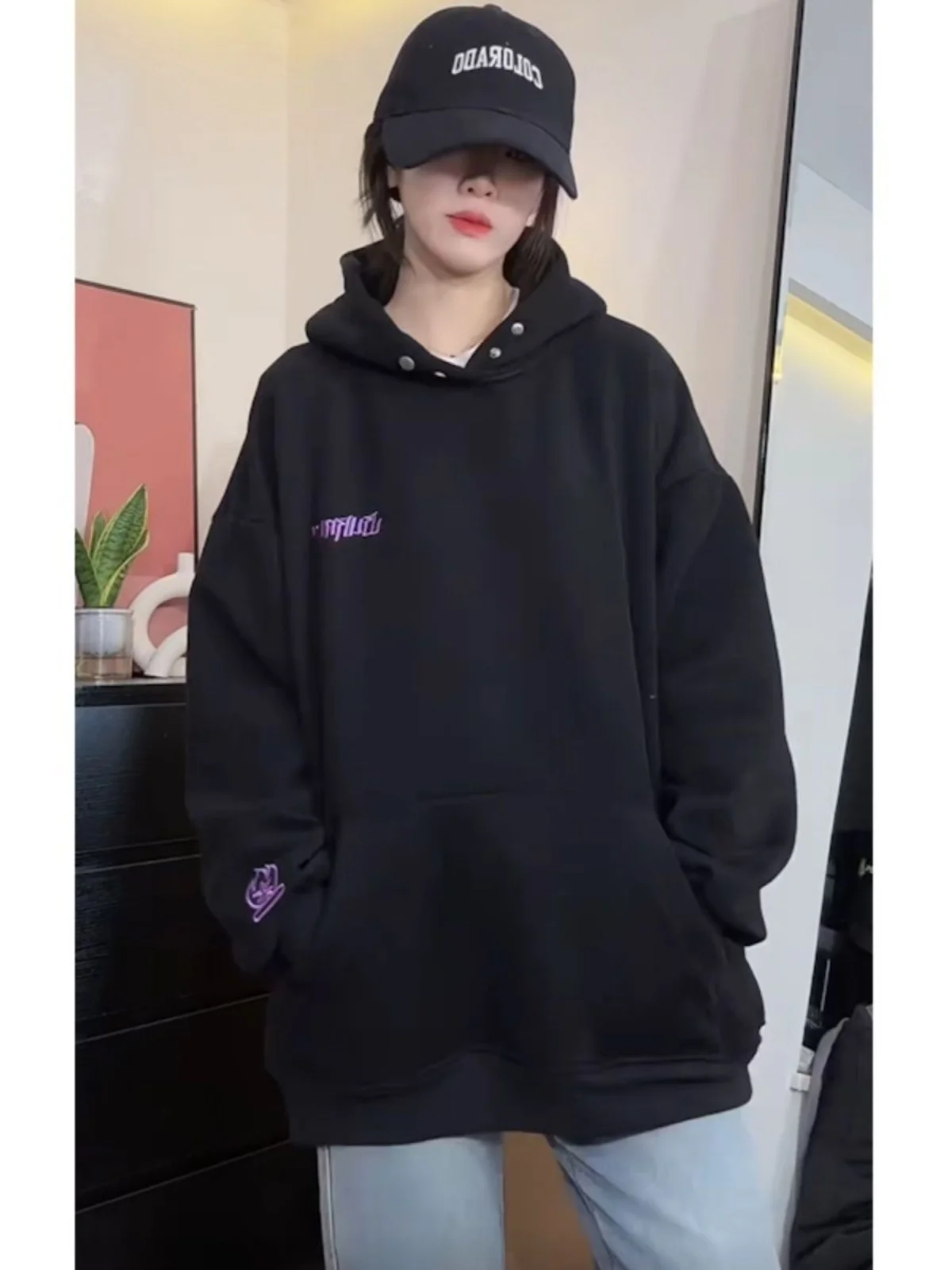 Loose Women's Hoodie 2024 Autumn Winter Original Character Print High Street American Sle Couple Matching Long Sve Top