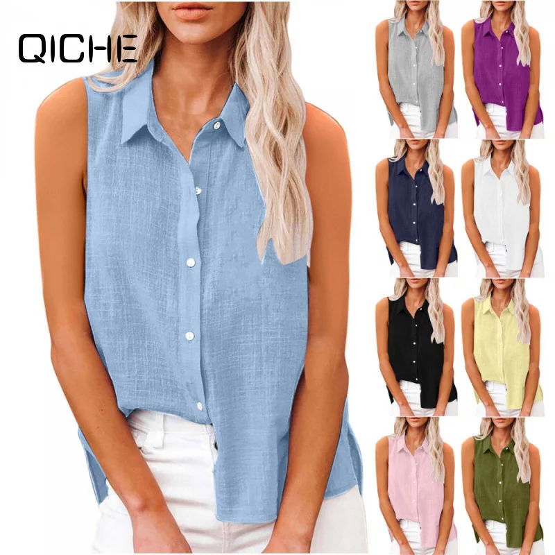 QICHE 2026 Summer European Style Women Lapel Button Cotton Linen Sleeveless Blouse Shirt