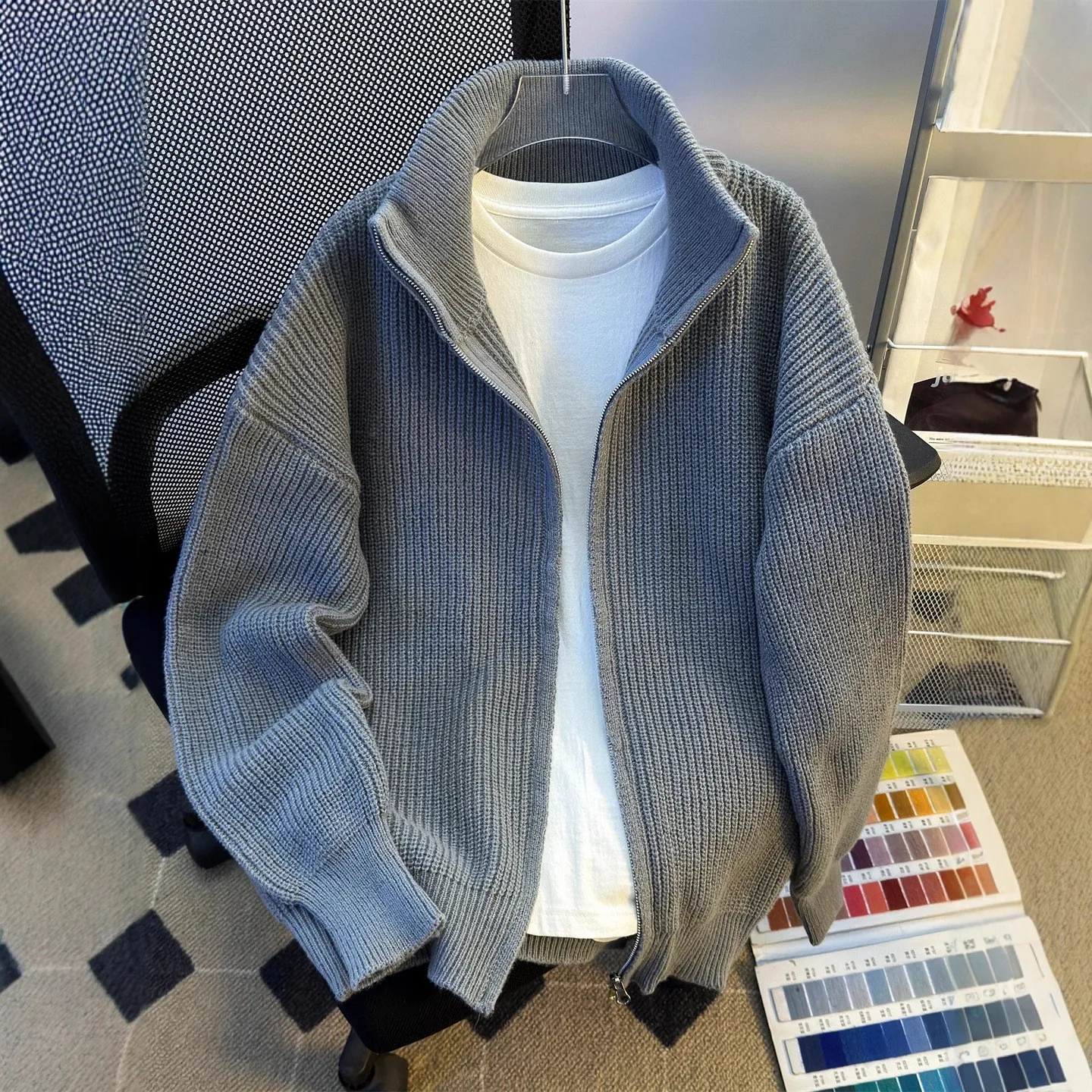 

Мужской кардиган с высоким воротником на двойной молнии, теплый, однотонный, вязаный, повседневный, из полиэстера, с длинными рукавами