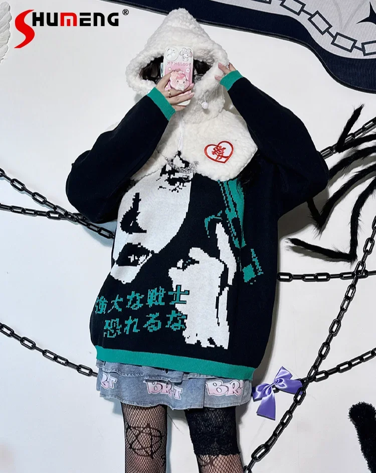 Punk Loose Slim Black Sweater Women Autumn Winter Fashion Harajuku Aesthetic Cartoon Print Knitted Pullover Student Y2k Clothes