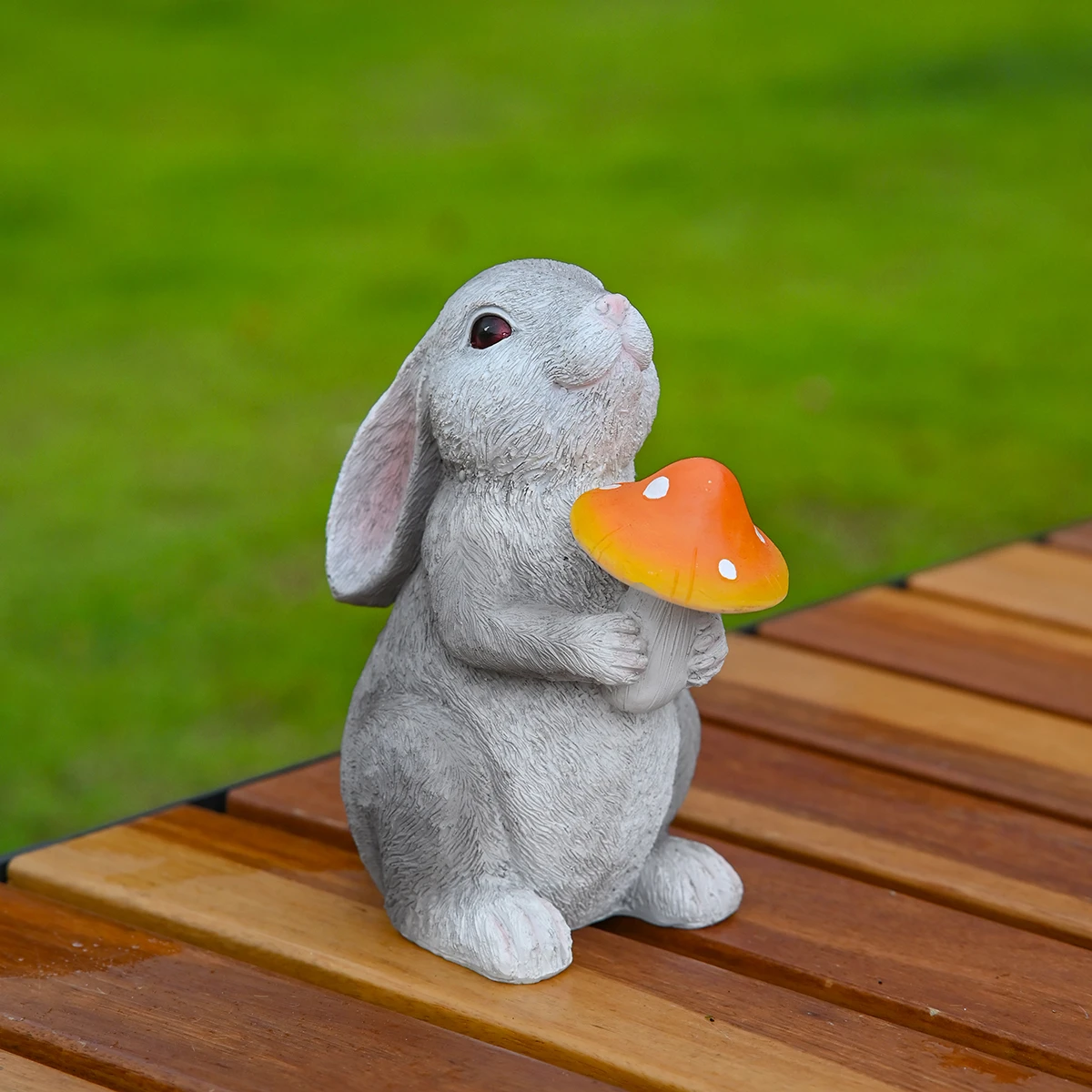 Solar Powered Outdoor Bunny Statue with Glowing Mushroom Resin Garden Ornament Grey Orange 22cm H x 18cm L x 13cm W