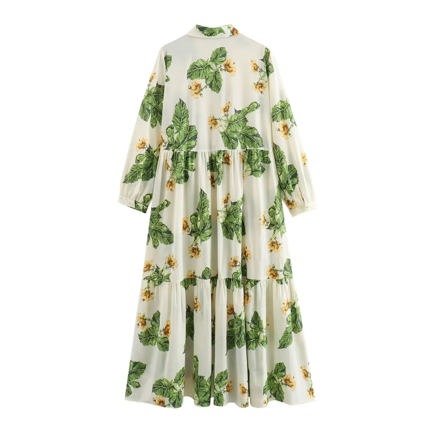 Tangada 2024 Summer Women Green Flowers Print Dress Female Long Sleeve Shirt Dress 6X0267