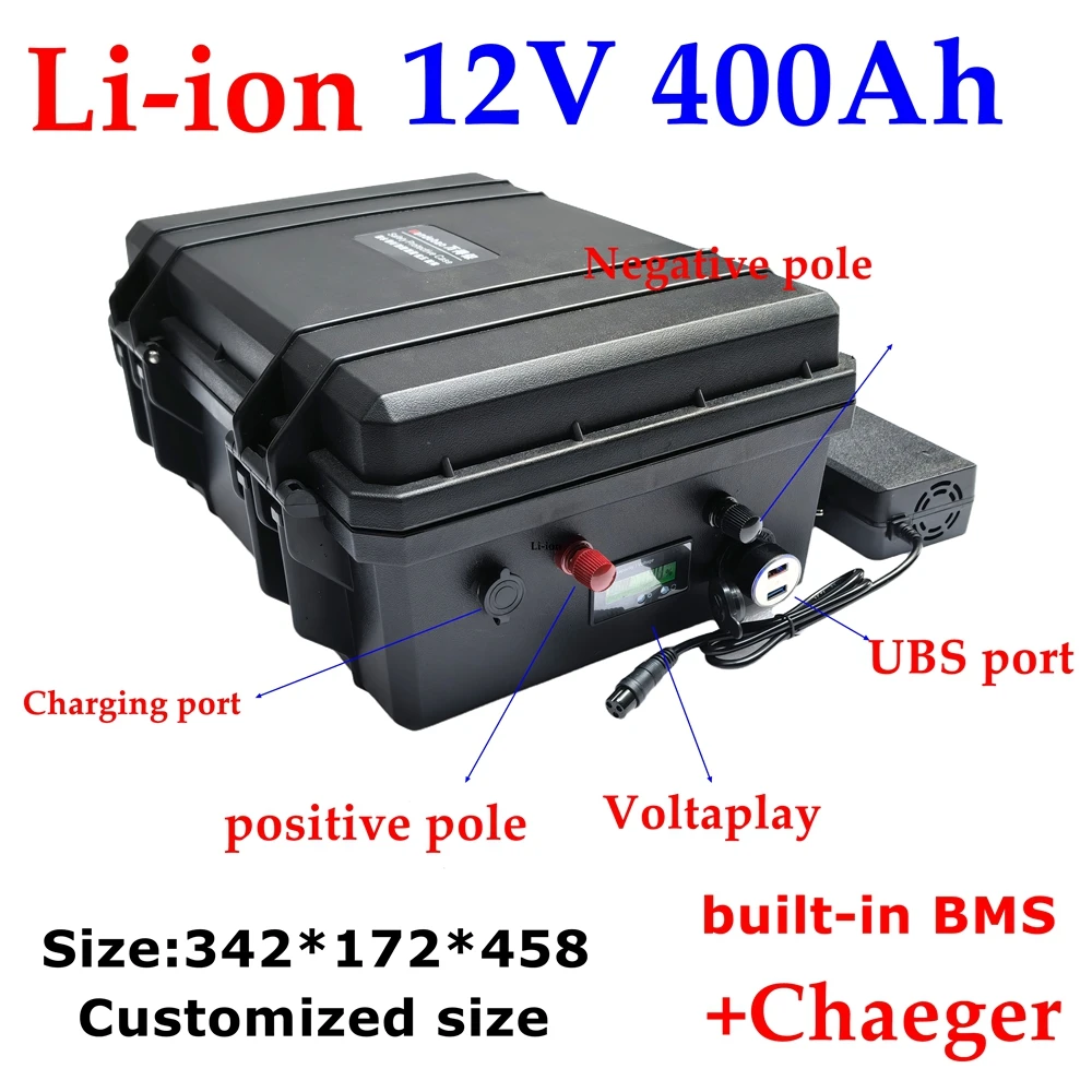 

LT-12V 400AH lithium ion battery 12v li ion with 200A BMS for inverter caravan camping power supply light boat + 20A Charger.