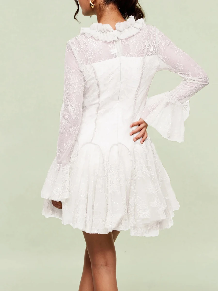 VGH Luxury Celemony Patchwork เย็บปักถักร้อย Tutu ชุดผู้หญิง O คอ Ruffles แขนยาวเอว Spliced SHEER ตาข่ายชุดหญิง