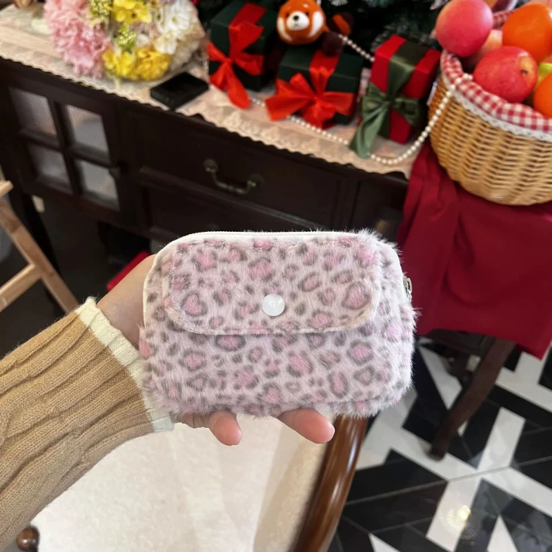 Cute Pink Leopard Print Fluffy Coin Purse, Snap Button Mini Zipper Wallet for Girls Card Storage