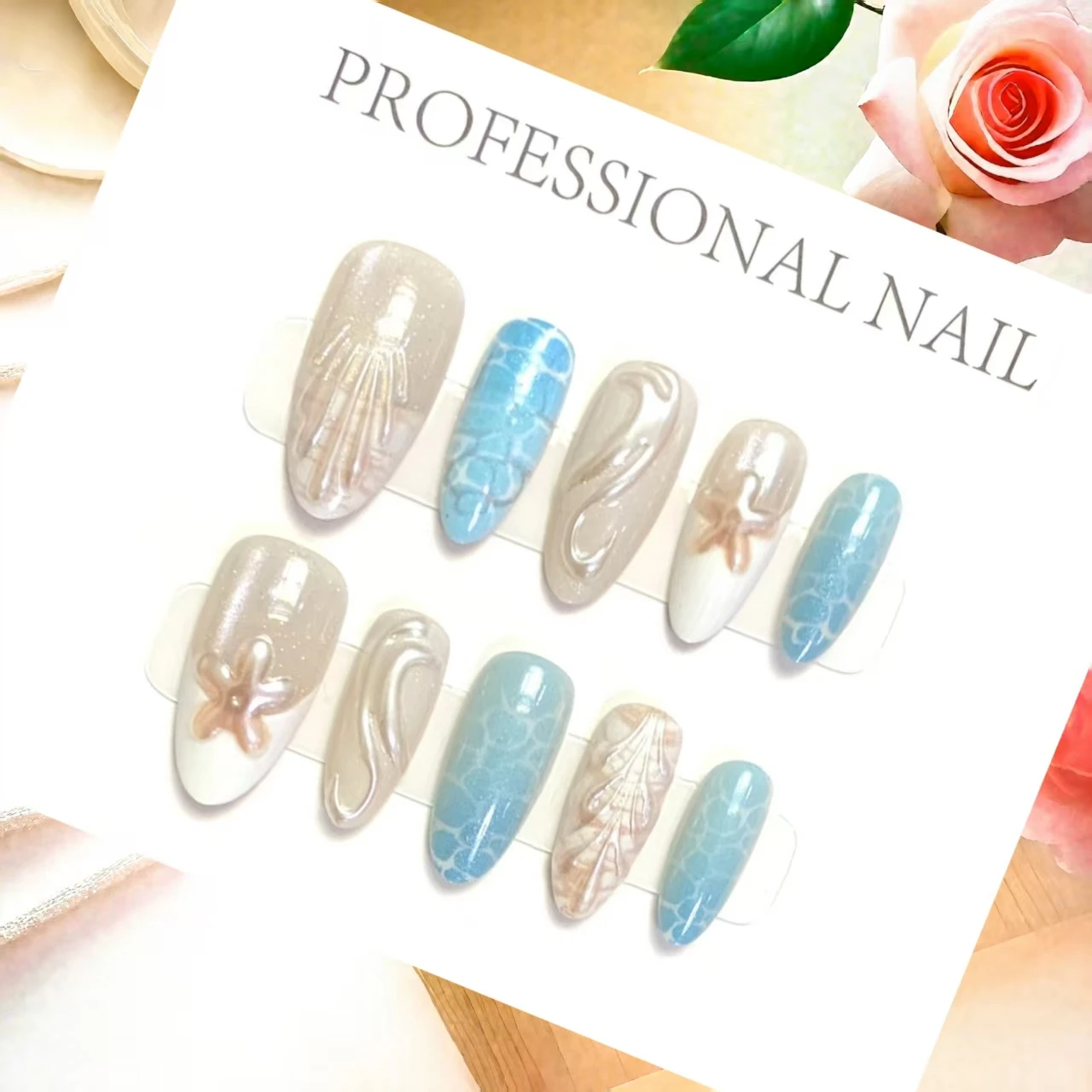 

10PCS Handmade Luxury Press On Nails Ocean Star Almond Design Glamorous False Nails Premium Quality With 4-PIECE Tools