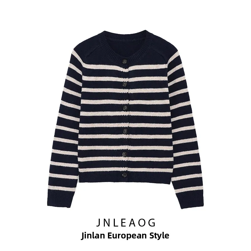 Faionable malha listra redonda ne casaco feminino fibra de poliéster longo sve comprimento regular cardigan sle outono nova chegada