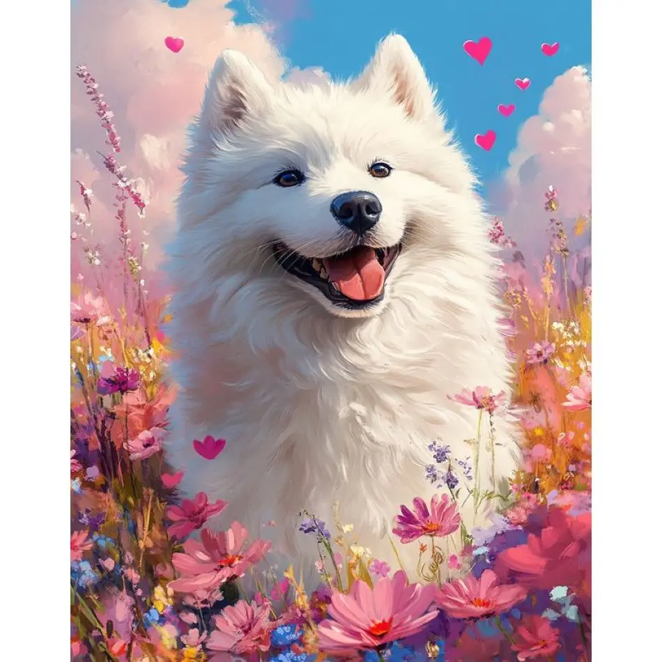RUOPOTY Der Weiße Hund 5D Diamantmalerei-Sets für Erwachsene, Bastelsets für Anfänger, Tier-Motiv, Vollrunde Diamantkunst