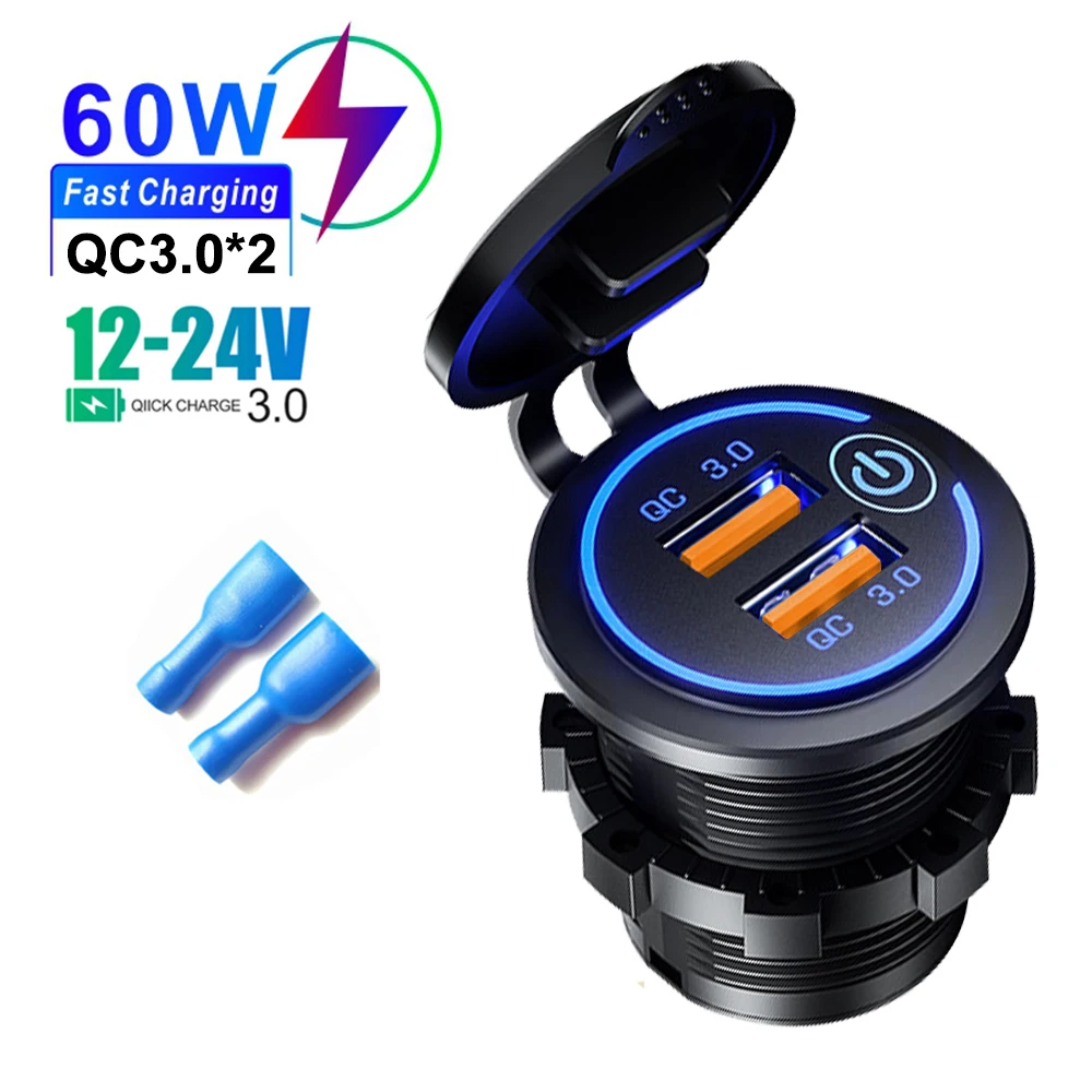 12/24V 60W QC3.0 Dual USB Car Motor Charger Socket Power Outlet Waterproof With Voltmeter Switch Fast Quick Phone Charge Adapter