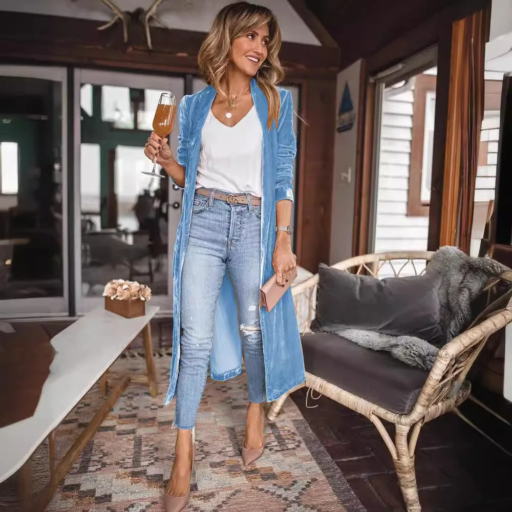 كارديجيل نسائي من الفانيلا يسمح بالتهوية ، معطف بطول منتصف الساق ، غرزة ناعمة مفتوحة ، جاكيت طويل ، ملابس أحادية اللون