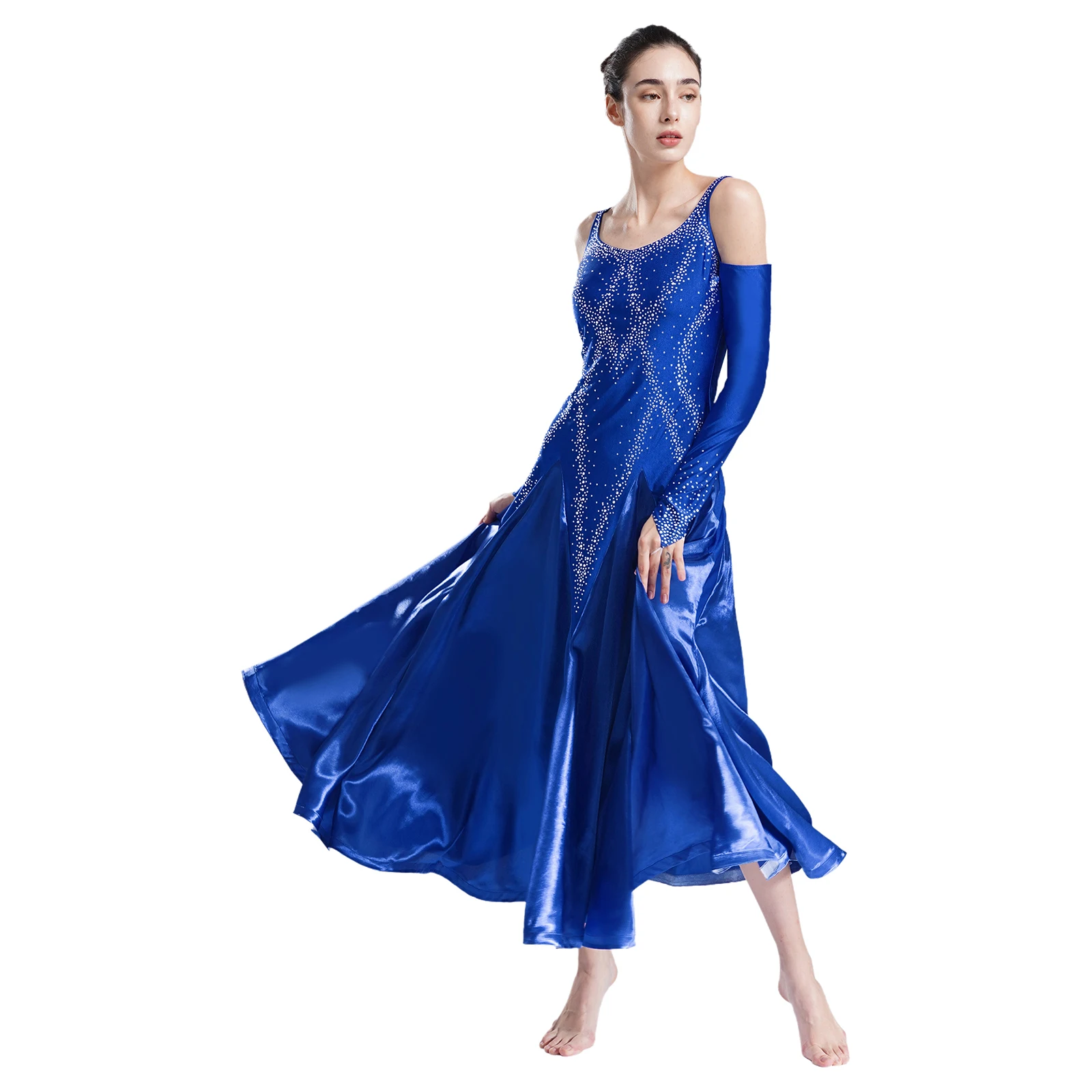 Womens Ballroom Dance Costume Dancewear V Neck Backless Cold Shoulder Dress for Waltz Lyrical Modern Dancing Performance Costume