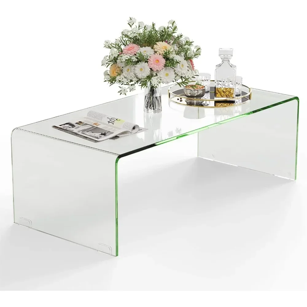 42.5" L × 20" W ×14" H, Modern Home Furniture, Clear Tempered Glass End Table, Waterfall Table with Rounded Edges