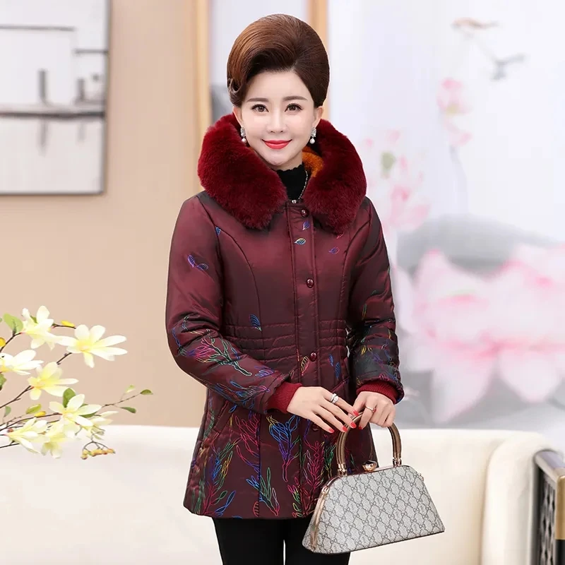 

Down Cotton Jacket Women 2022 Winter New Fashion Middle-aged Mothers Padded Coat Female Plus Size Hooded Fur Collar Warm Parkas