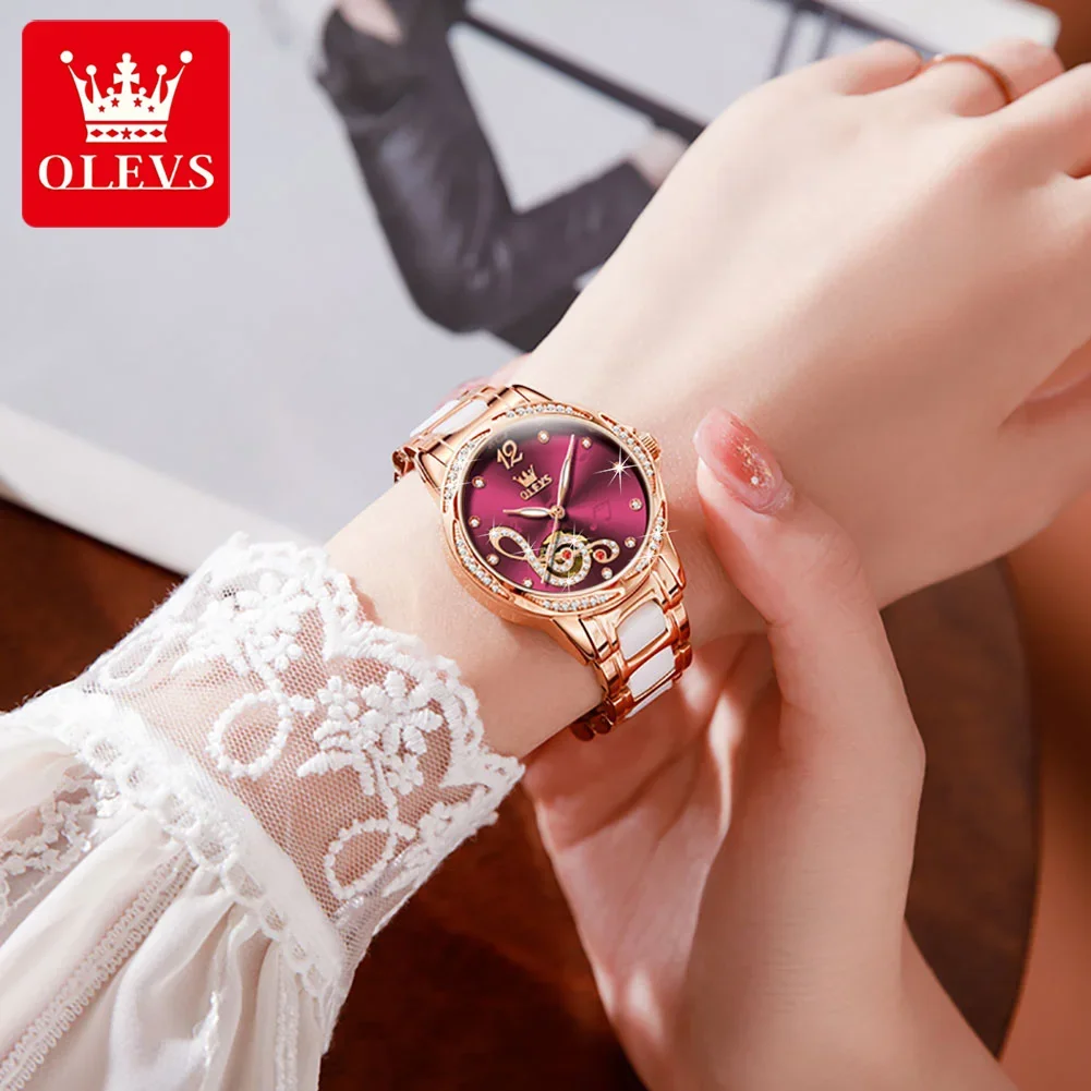 OLEVS-Reloj mecánico automático para Mujer, correa de cerámica exquisita, elegante, luminoso, resistente al agua, relojes de pulsera para Mujer