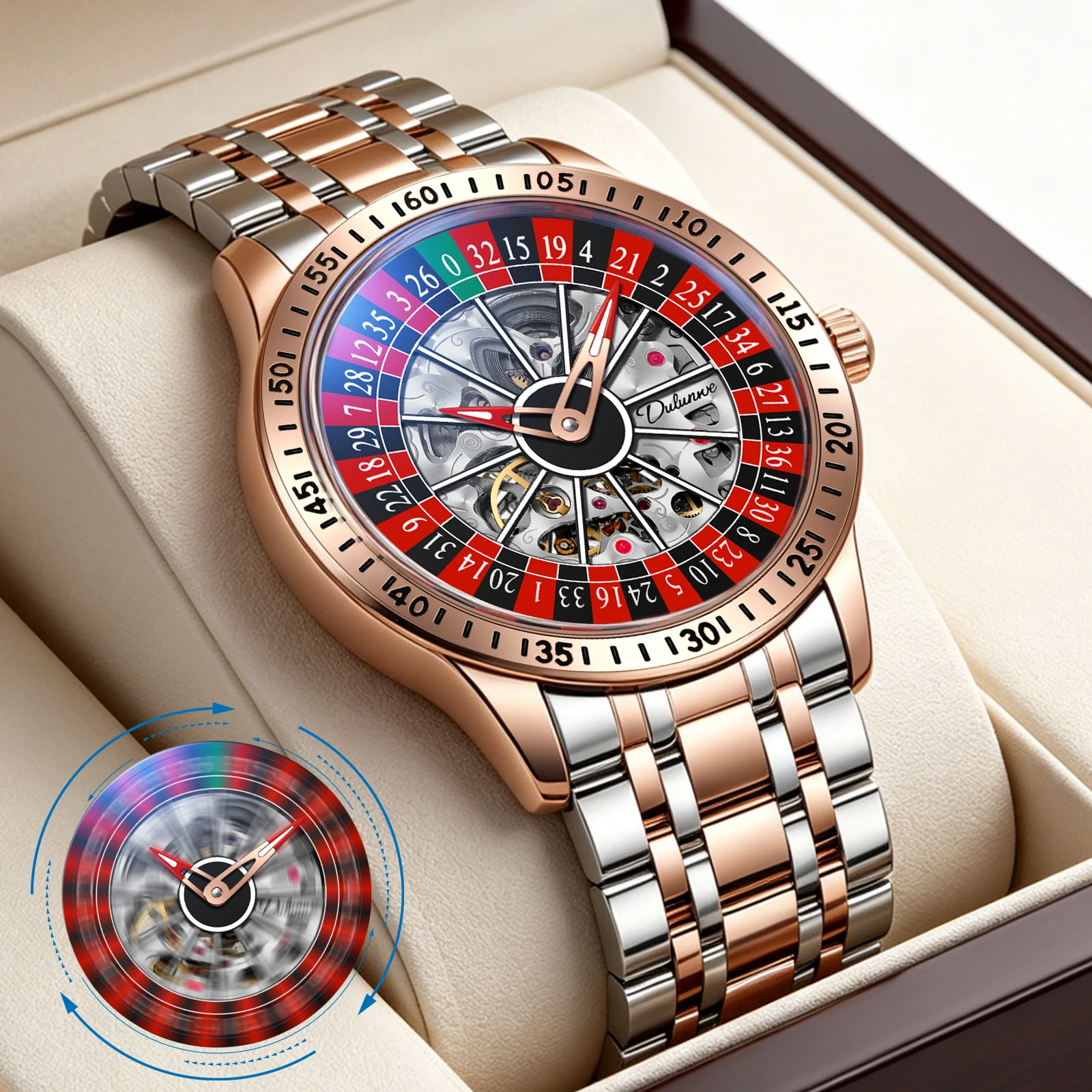 

Dulunwe Luxury Roulette Mechanical Wristwatches for Men Rotating Dial Fashion and Elegant Design Automatic Winding Men‘s Watch W