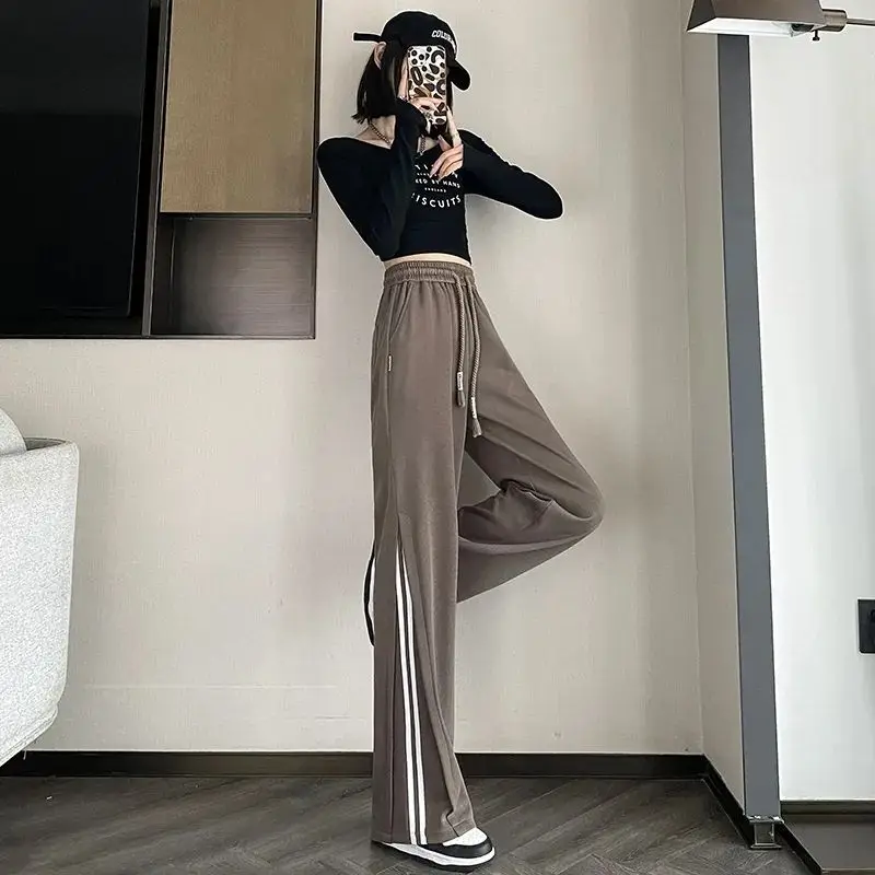 Spring Autumn Women Casual Striped Sports Pants Korean Fashion New Elastic High Waist Versatile Loose Basic Straight Trousers