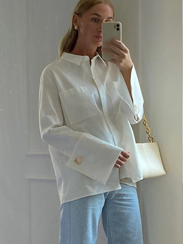 2023 Summer Autumn Women Elegant Long Sleeve Solid White Shirt Ladies Loose Blouse For Woman Female