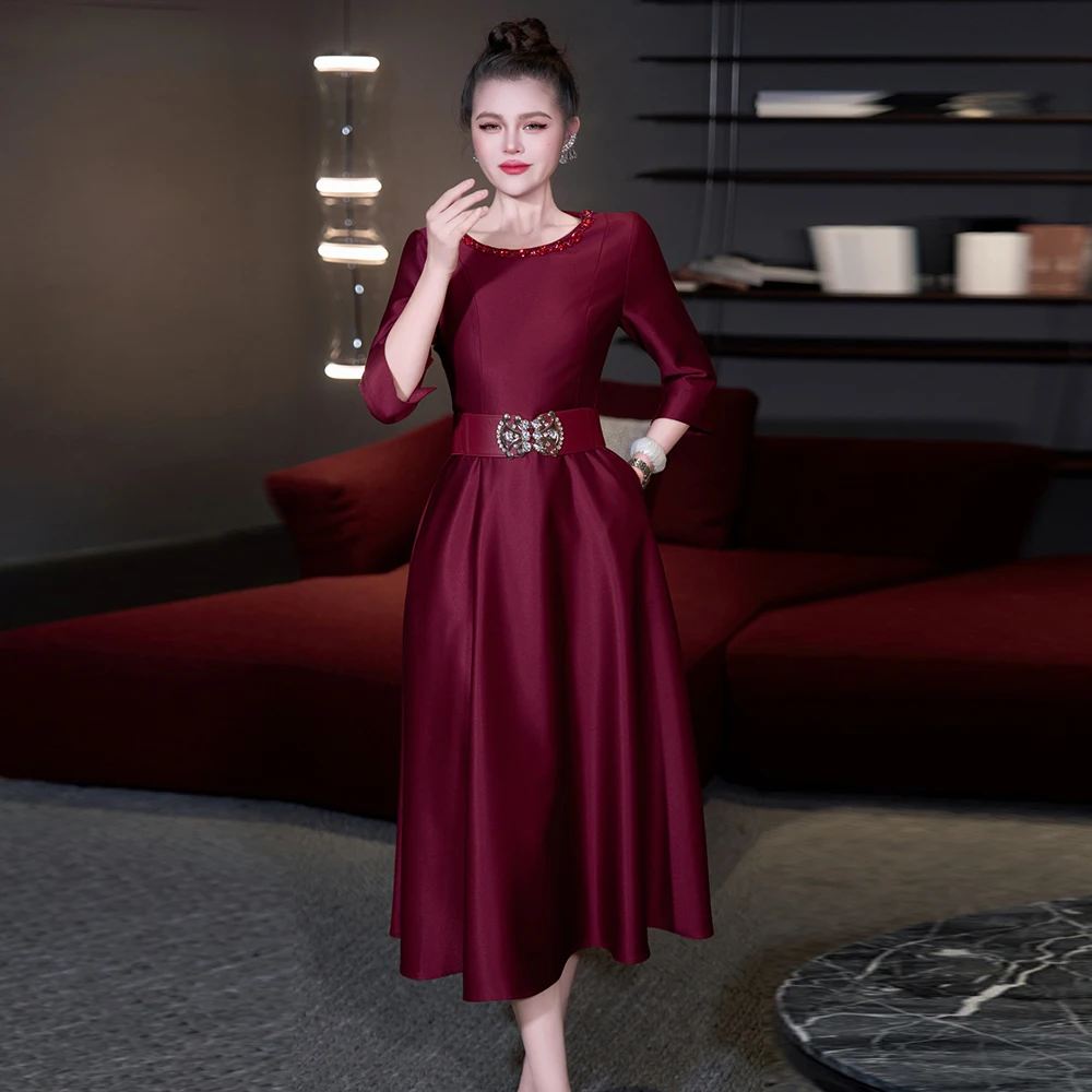 ZJYT 2026 Spring New Fashion Women Beading Dress Elegant Three Quarter Sleeve Solid White Midi Dresses Party Vestidos with Belt