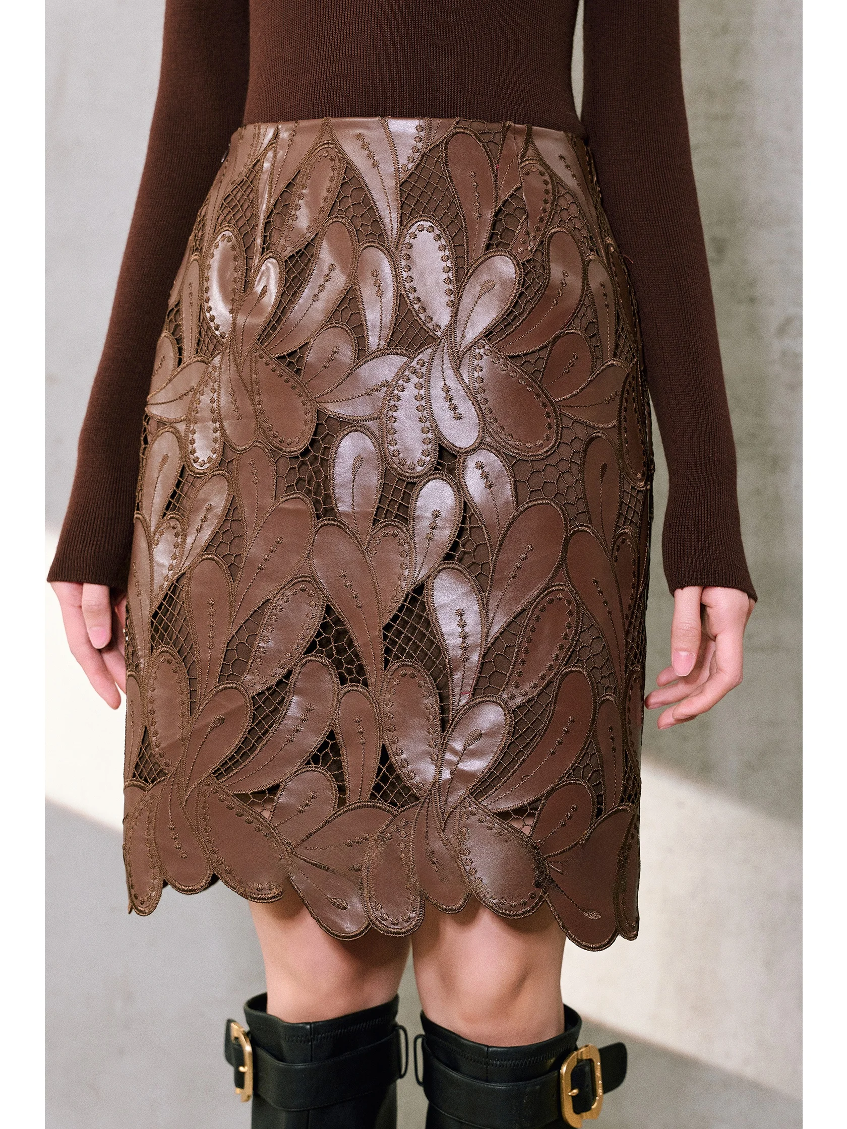 

Кожаная юбка с вышивкой Ele, облегающая, с высокой талией, для повседневной носки, с вырезами, для женщин