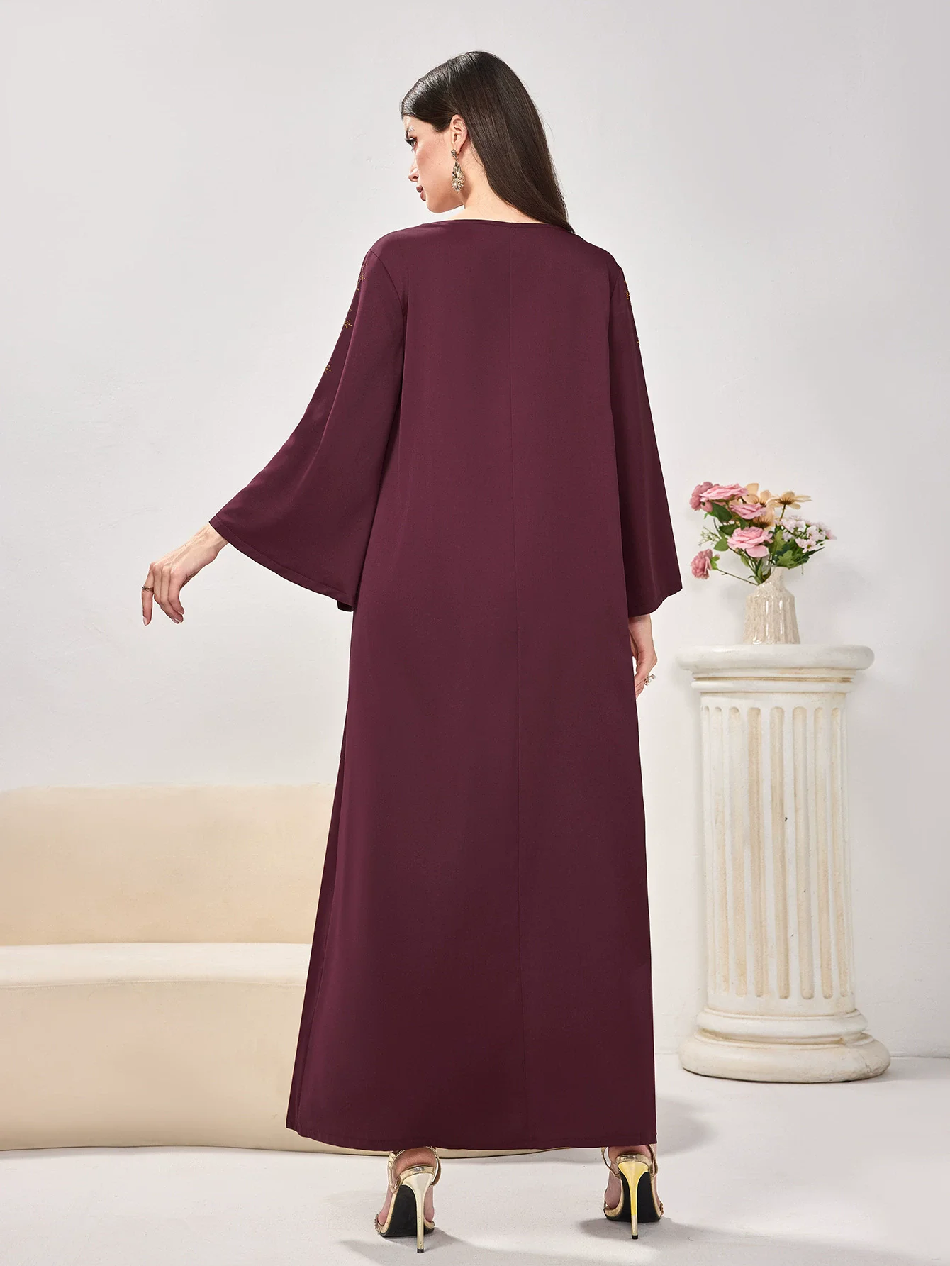 Fashion Light Luxury Muslim Dress Women Nail Diamond Flower Print Arabic Dress for Women Abaya Dubai Clothes for Muslim Women