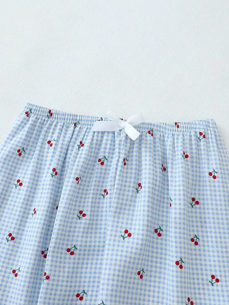 

Women Autumn Winter Cherry Gingham Print Bow Waist Long Pants Pajama Set Light Blue