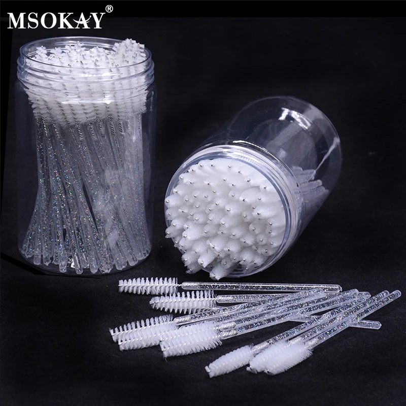 50pcs Eyelash Brushes With Case Disposable Lash Mascara Wands in Clear Container Mini Lash Spoolies Combs Wholesale