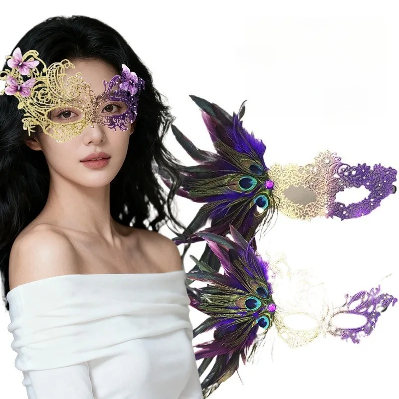 قناع تنكر نسائي رائع من الدانتيل مع ريش الطاووس وديكور الأزهار، قناع نصف وجه أنيق للحفلات الكرنفالية