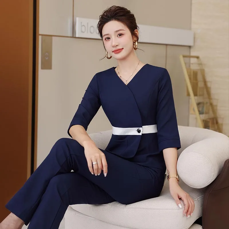 Cotton and linen Chinese style set beautician work uniform, female massage foot bath and foot therapy technician uniform S-4XL