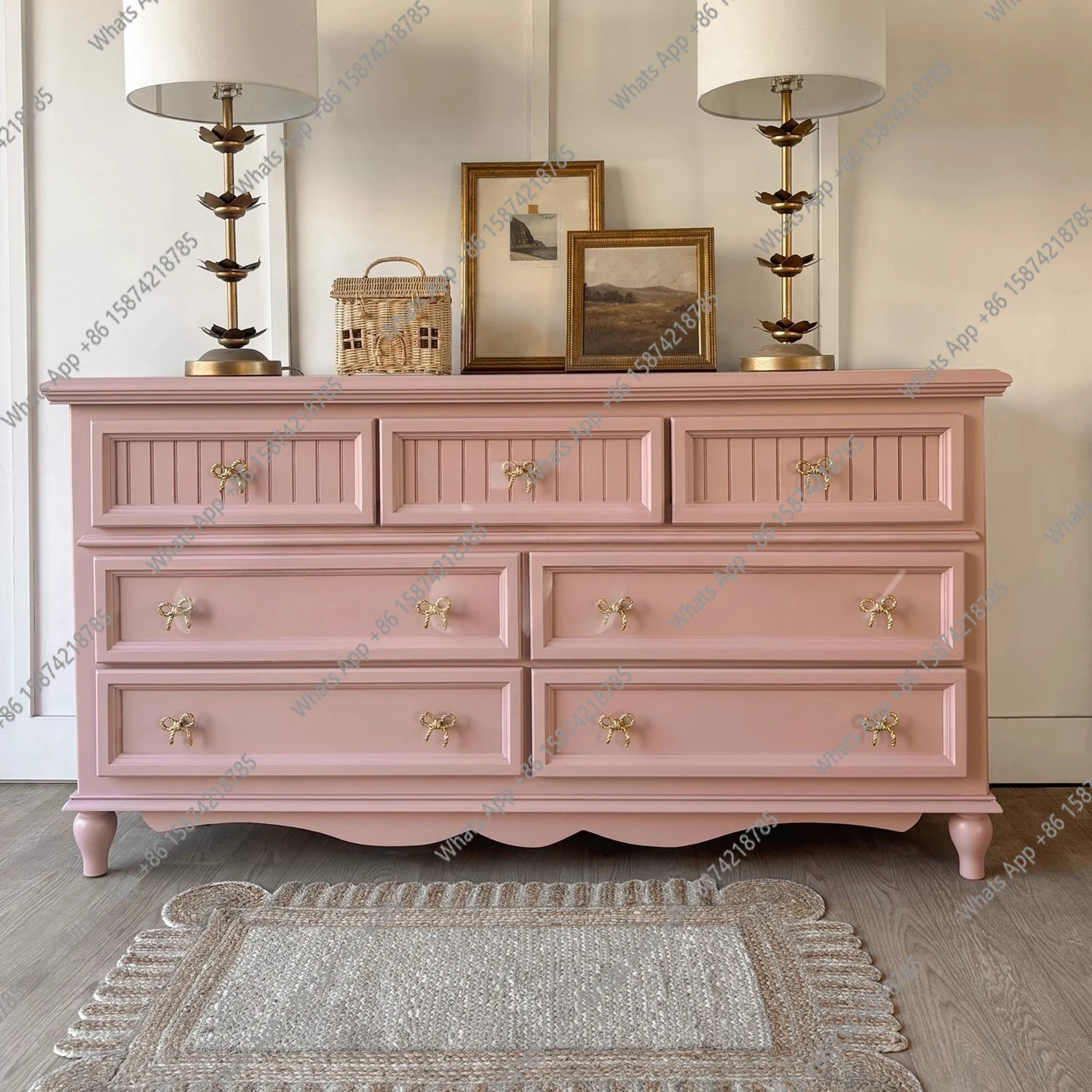 

French simple solid wood chest cabinet living room foyer decorative cabinet American retro bedroom pink locker
