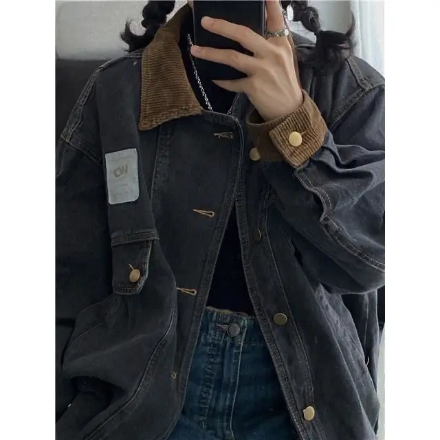 

Waed Denim Jaet Men's Loose Fit Collar Standup Youth Trendy Brand Spring Autumn Casual Long Sve Breathable Outerwear