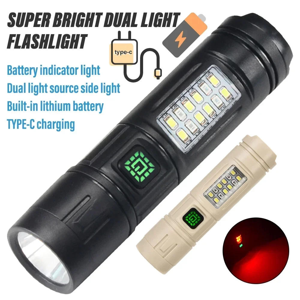 Super Bright LED Flashlight Rechargeable Torch Portable Searchlight Outdoor Camping Light with COB Side Lights