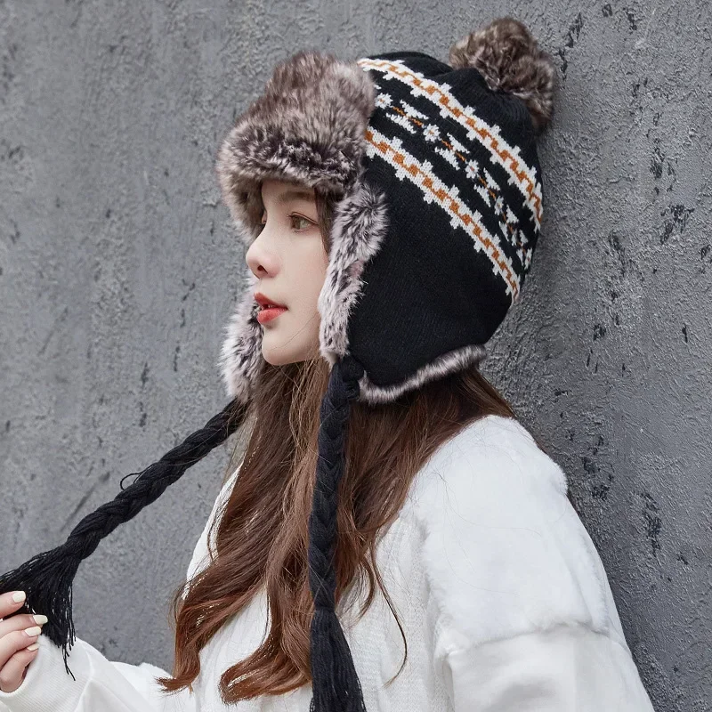 New Winter Hat Bomber Cap Hat Women Men Warm Snow Hat With Fur Pompom Windproof Knitting Earflap Trapper Girl Outdoor Cap Gift