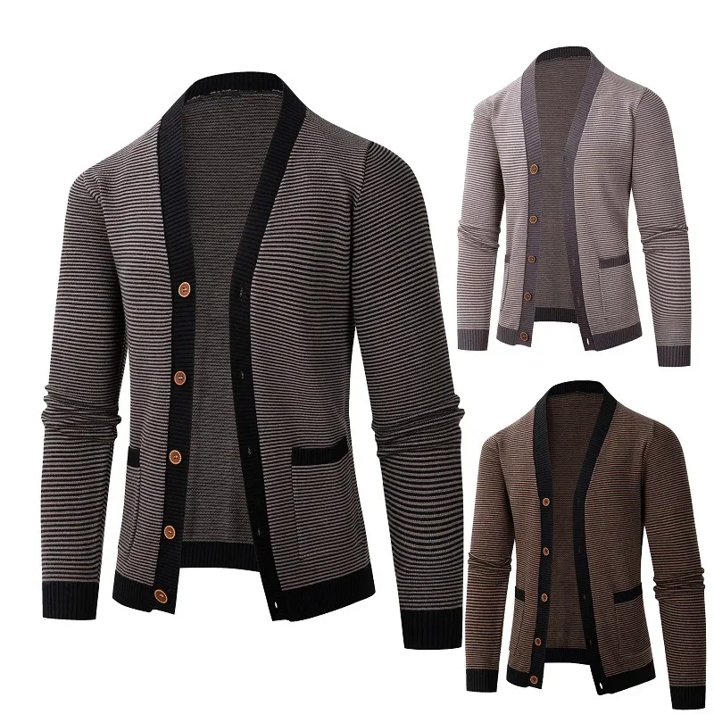 

2023 Autumn and Winter New Men's Fashion Knitting Versatile Solid Stripes Middle and Youth Trend Cardigan Top