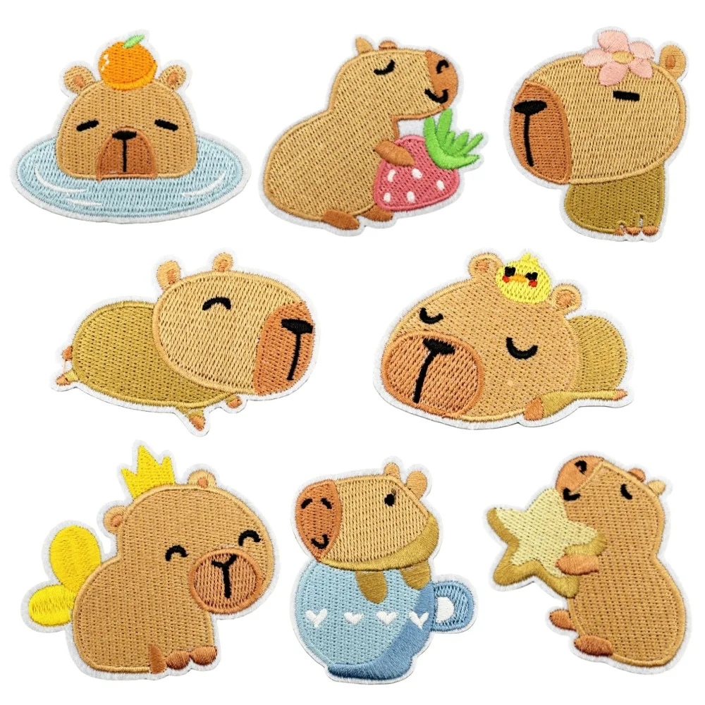 

8Pcs Cartoon capybara Series Iron on Adhesive Embroidered Patches For on DIY Clothes Hat Jeans Sticker Sew decor Coat Applique