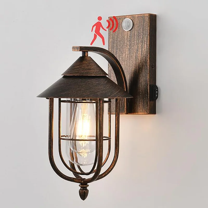 Motion Sensor Outdoor Wall Lamp Outdoor Waterproof Wall Light European Style Vintage Courtyard Corridor Garden Lamps No Bulb