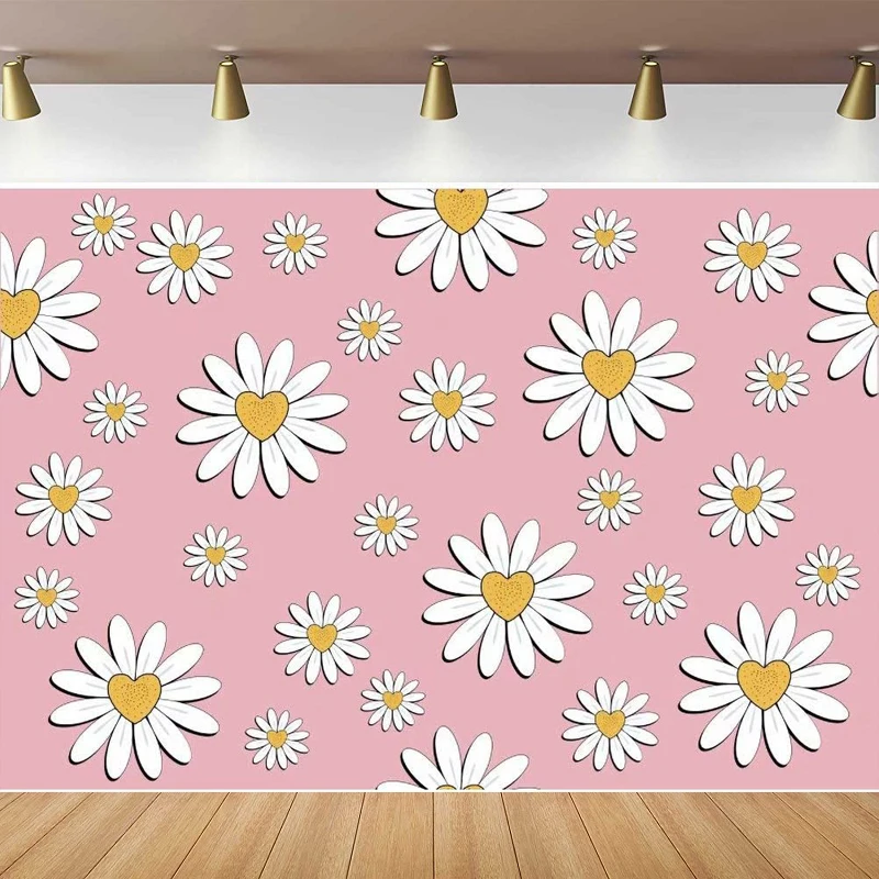 

Daisy Flower Yellow Heart Photography Backdrop Cartoon White Floral Pink Photo Background Baby Shower Birthday Party Decor