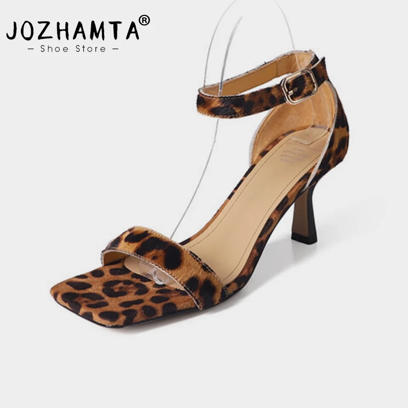 JOZHAMTA Size 34-40 Women Leopard Sandals Real Leather High Heels Summer Shoes Ankle Strap Sexy Ins Fashion Office Party Dress