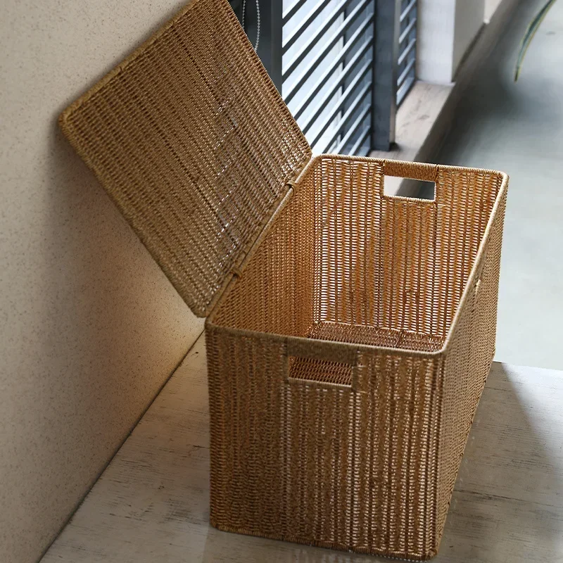 Large Storage Boxes with Cover, Cane Woven Laundry Basket, Breathable Clothes Storage Case, Natural Simple Organizer