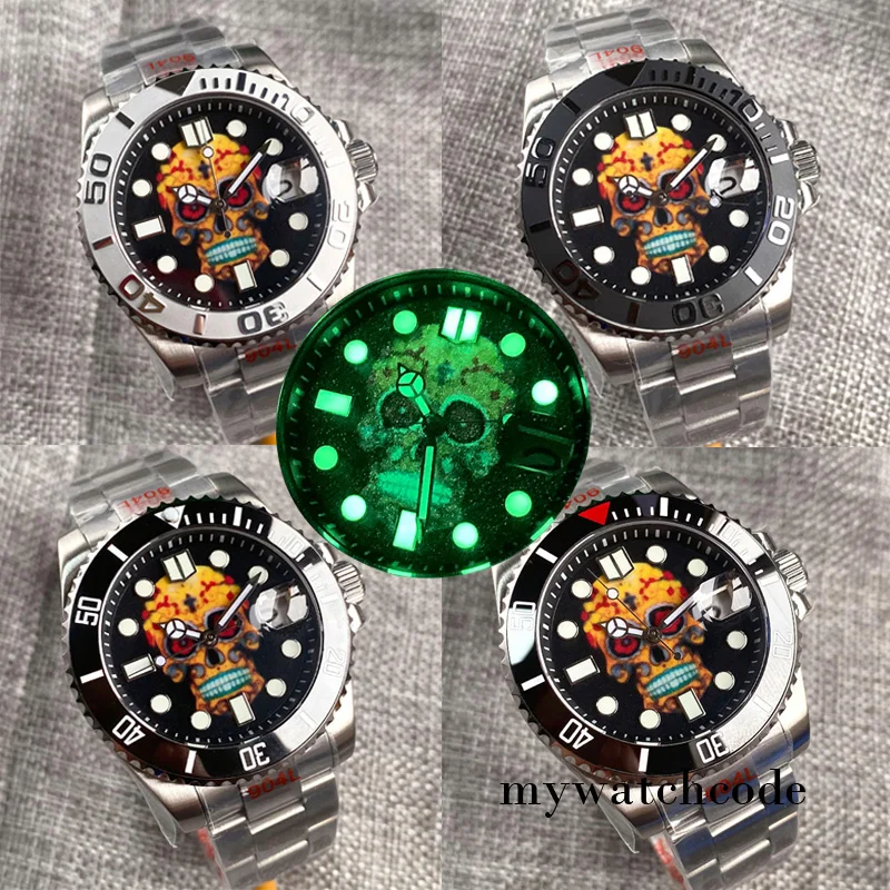 

Black Skeleton Dial 40mm 24 Jewels NH35A Automatic Men's Wristwatch Cyclops Sapphire Glass Auto Date Rotating Bezel Steel Band