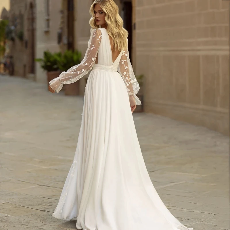 Vestido de novia plisado con cuello en V para mujer, vestido de novia con mangas esponjosas, Apliques de encaje divididos laterales, personalización, blanco marfil