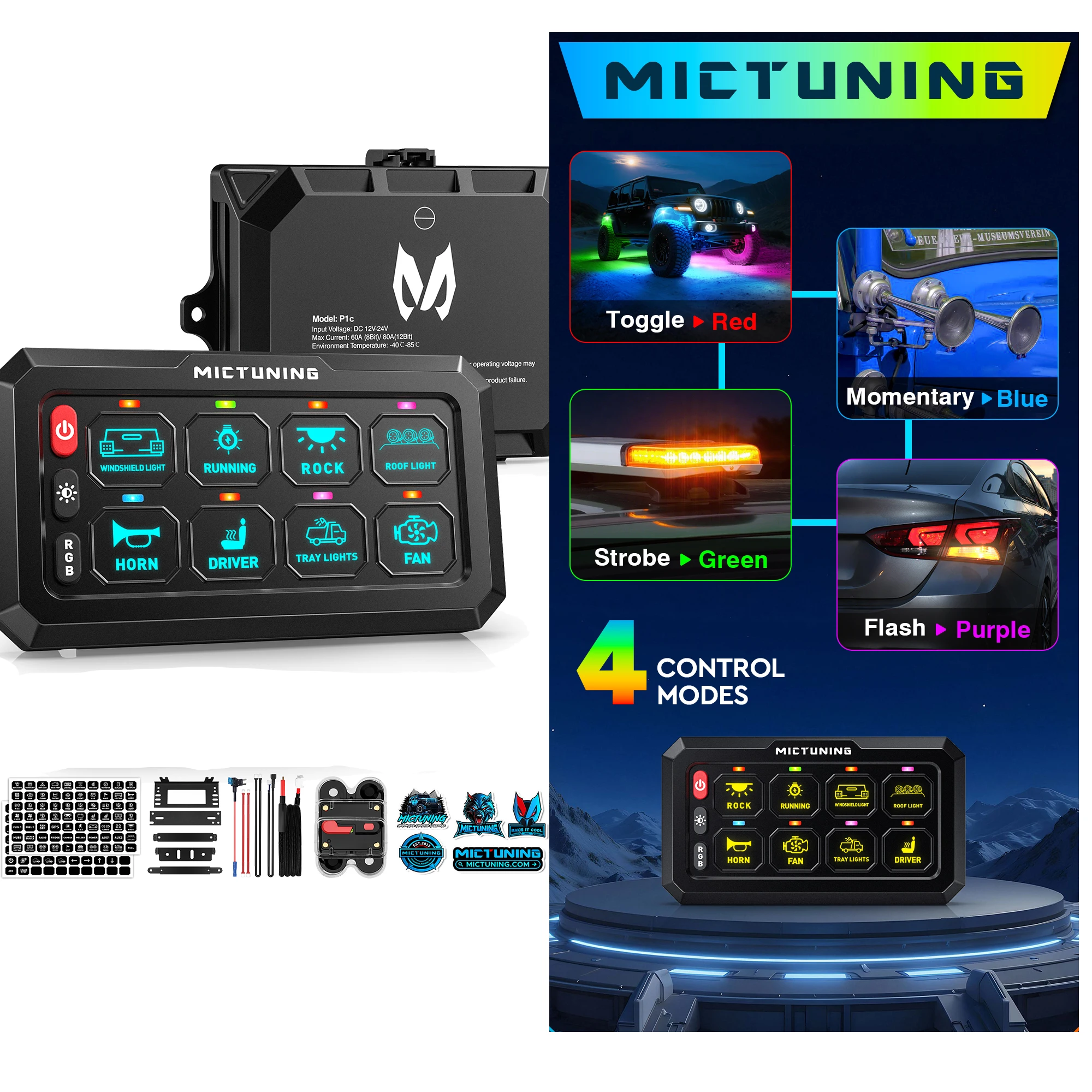

8-Channel RGB LED Toggle Switch Panel, 6-Level Dimmer with Momentary/Strobe/Flash Modes, Relay Control Box for Off-Road Vehicles