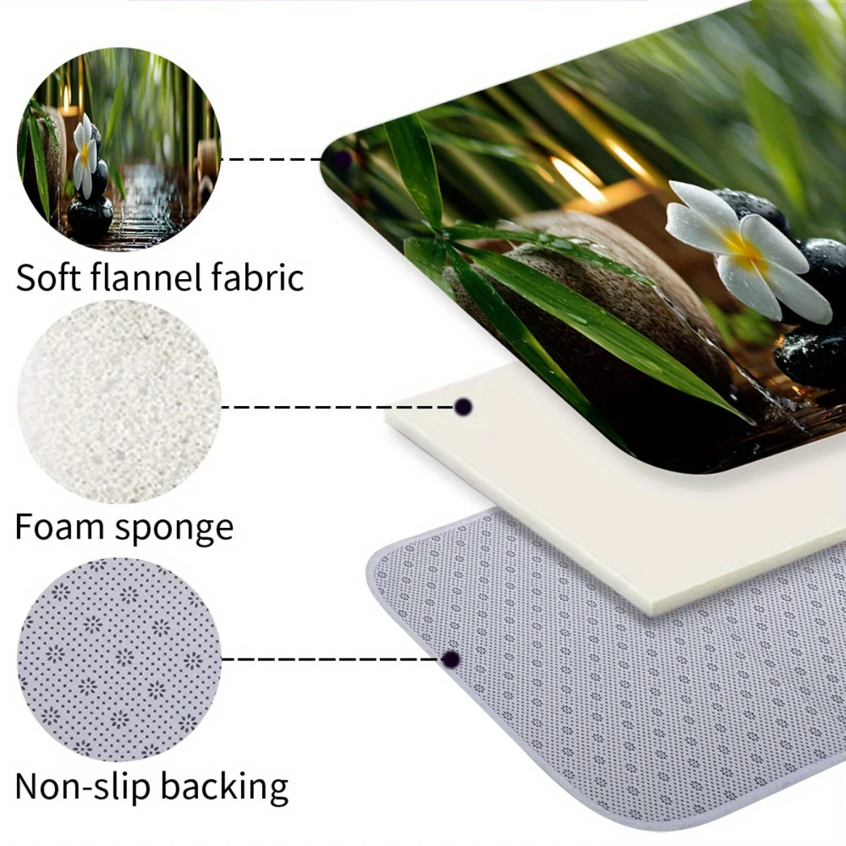 Spa Relax Bamboo Black Massage Stone White Frangipani Floor Runner Rug,washable mat for bathroom wet entry daily home decoration