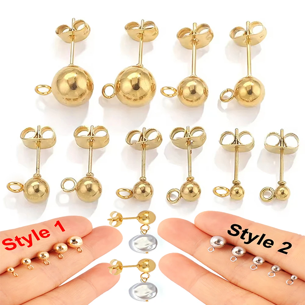 20Pcs 3/4/5/6/7mm Stainless Steel Round Ball Stud with Loop Fit Women DIY Earrings Connector Fitting for Jewelry Making Findings